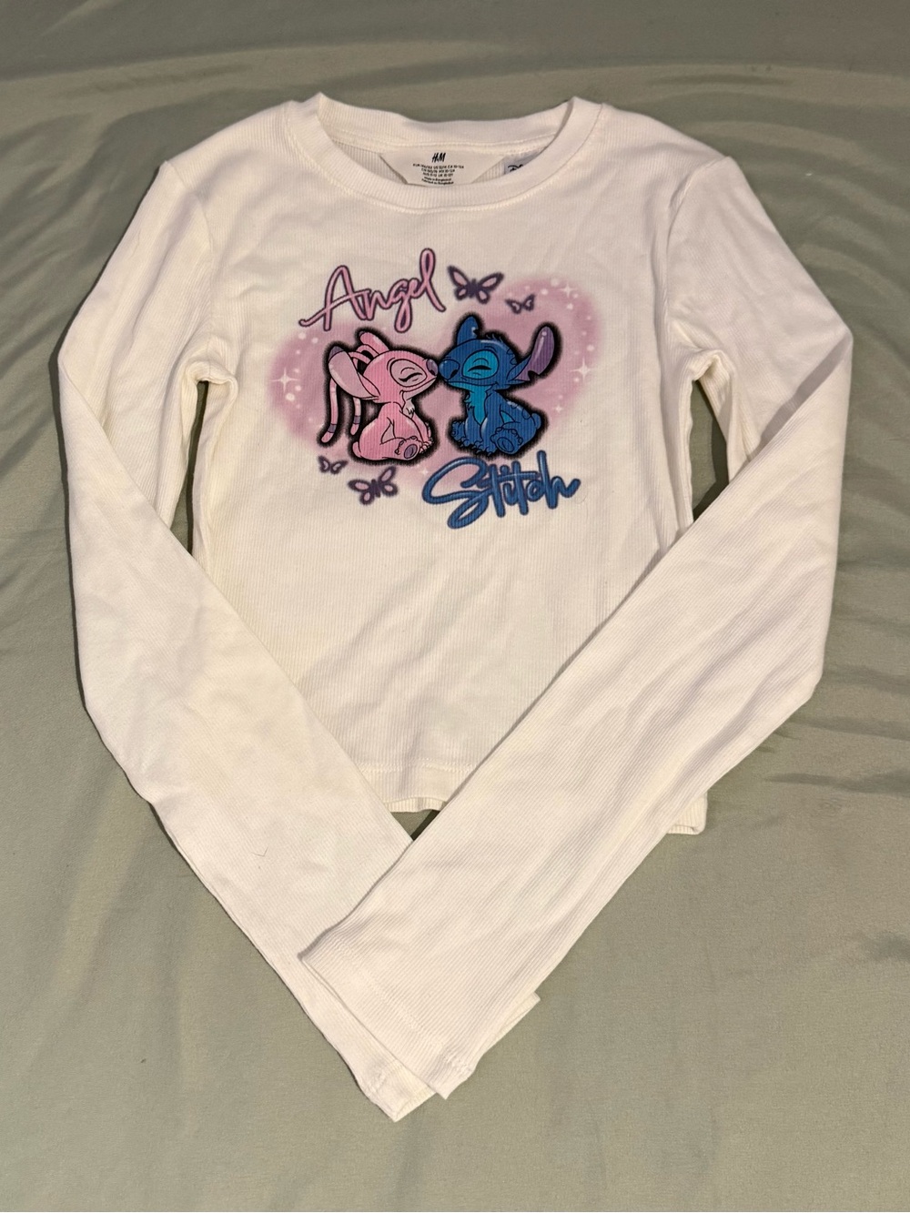H&M Girls 10-12 White 'Angel & Stitch' Graphic Long-Sleeve Tee
